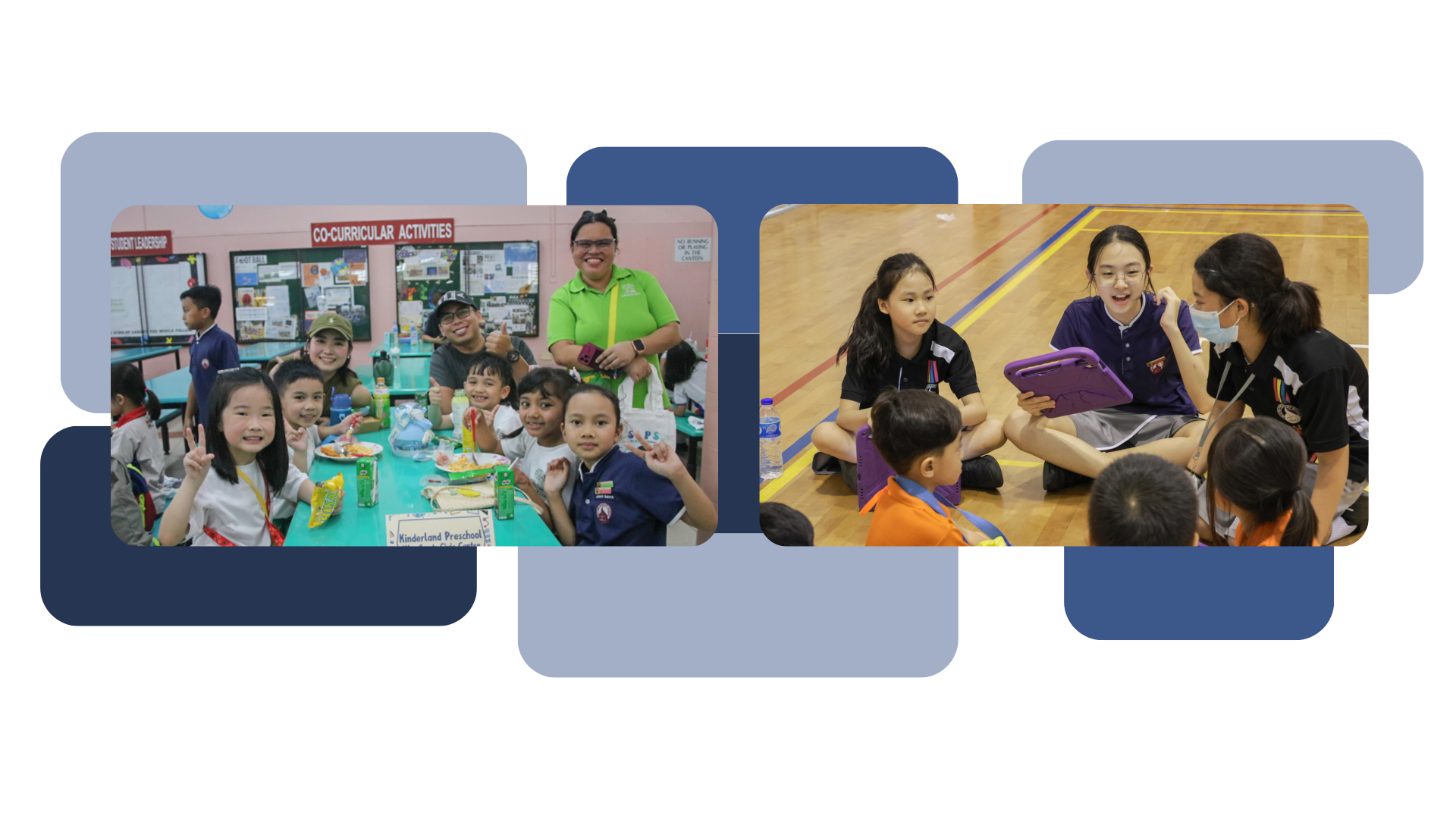 Two photos from the SLPS School Experience. The first shows young children from Kinderland Preschool seated at a canteen table with their parents, student leader guides and parent volunteers, smiling and posing for the camera in front of a notice board displaying 'Student Leadership' and 'Co-Curricular Activities'. The second shows the student leader guides sitting on a hall floor engaging with kindergarten children using a tablet, in a small group setting.